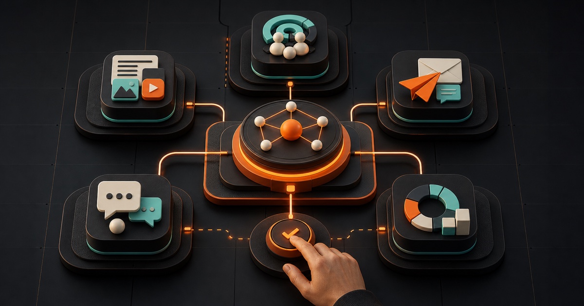 Conceptual Vibeera illustration of a human-governed AI marketing control layer coordinating audience intelligence, content, outreach, follow-up, and measurement
