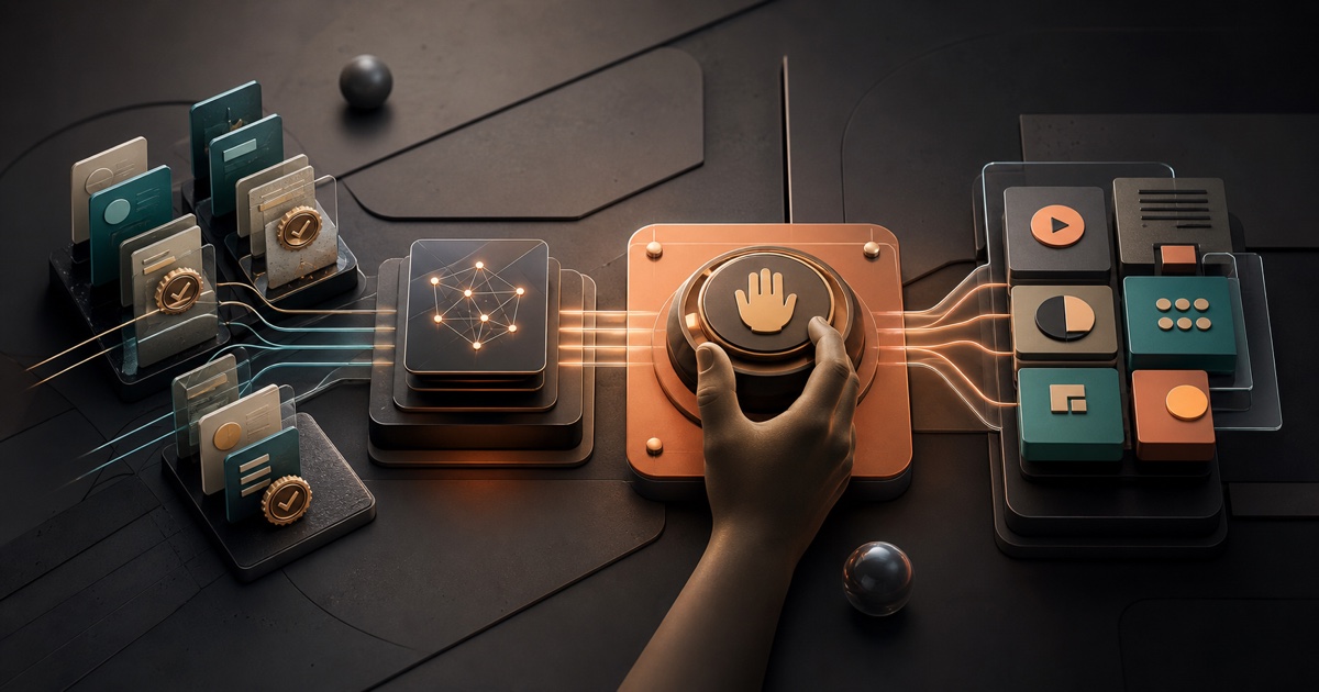 Conceptual Vibeera illustration of verified marketing evidence moving through an AI-assisted draft and a human approval control into an operating system