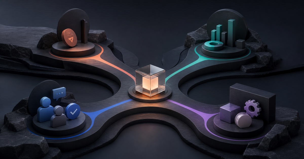 Conceptual Vibeera illustration of one social content object branching into publishing, analytics, approval, and operated execution paths