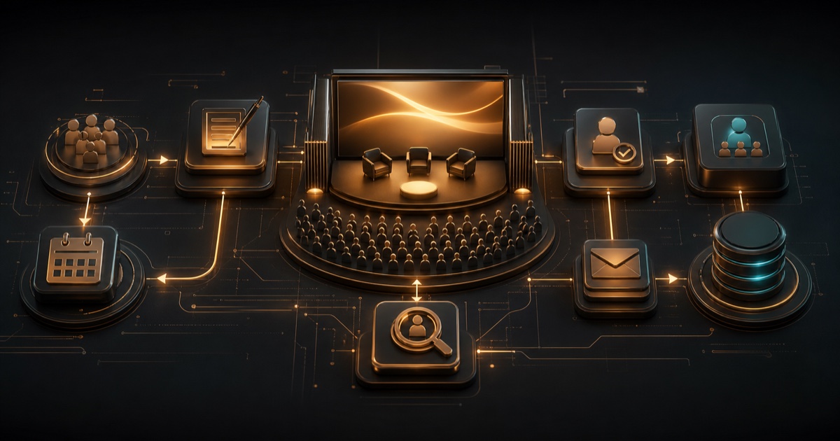 Conceptual webinar operating system connecting promotion, registration, attendance, follow-up, and revenue evidence